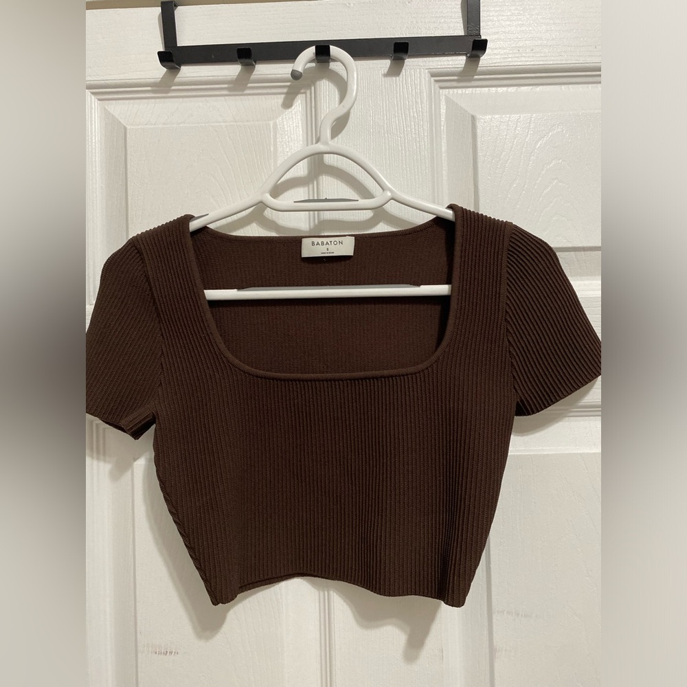 ARITZIA BABATON Ribbed Brown Squareneck Cropped T-Shirt